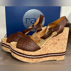 🌸NEW RAS Designer Boho Platform Wedge Brown Leather Heels Cork Espadrilles US 9